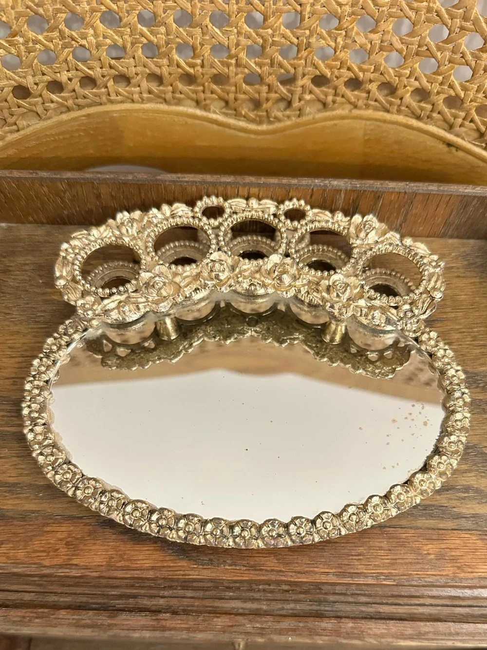 Gold Beaded Vanity Mirror Tray - Decorative Jewelry Organizer
